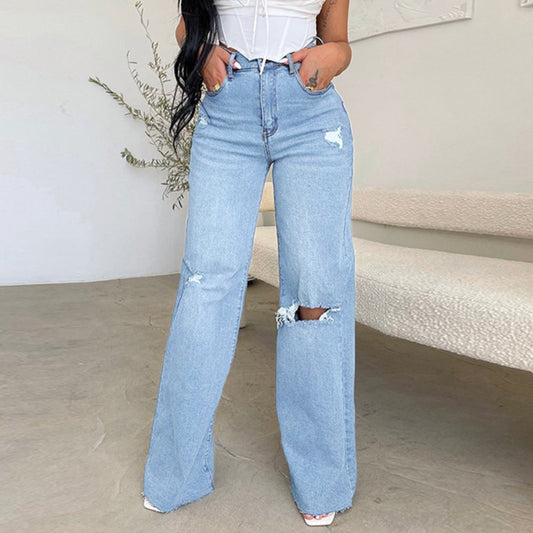 Højtaljede, revnede, brede denimjeans